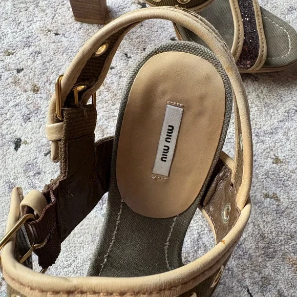 Y2K MIU MIU Double Buckle, Leather & Glitter, Olive Canvas Heels - Picture 3 of 16